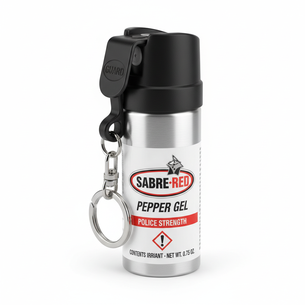 Compact pepper spray canister with safety clip and keychain attachment on white background
