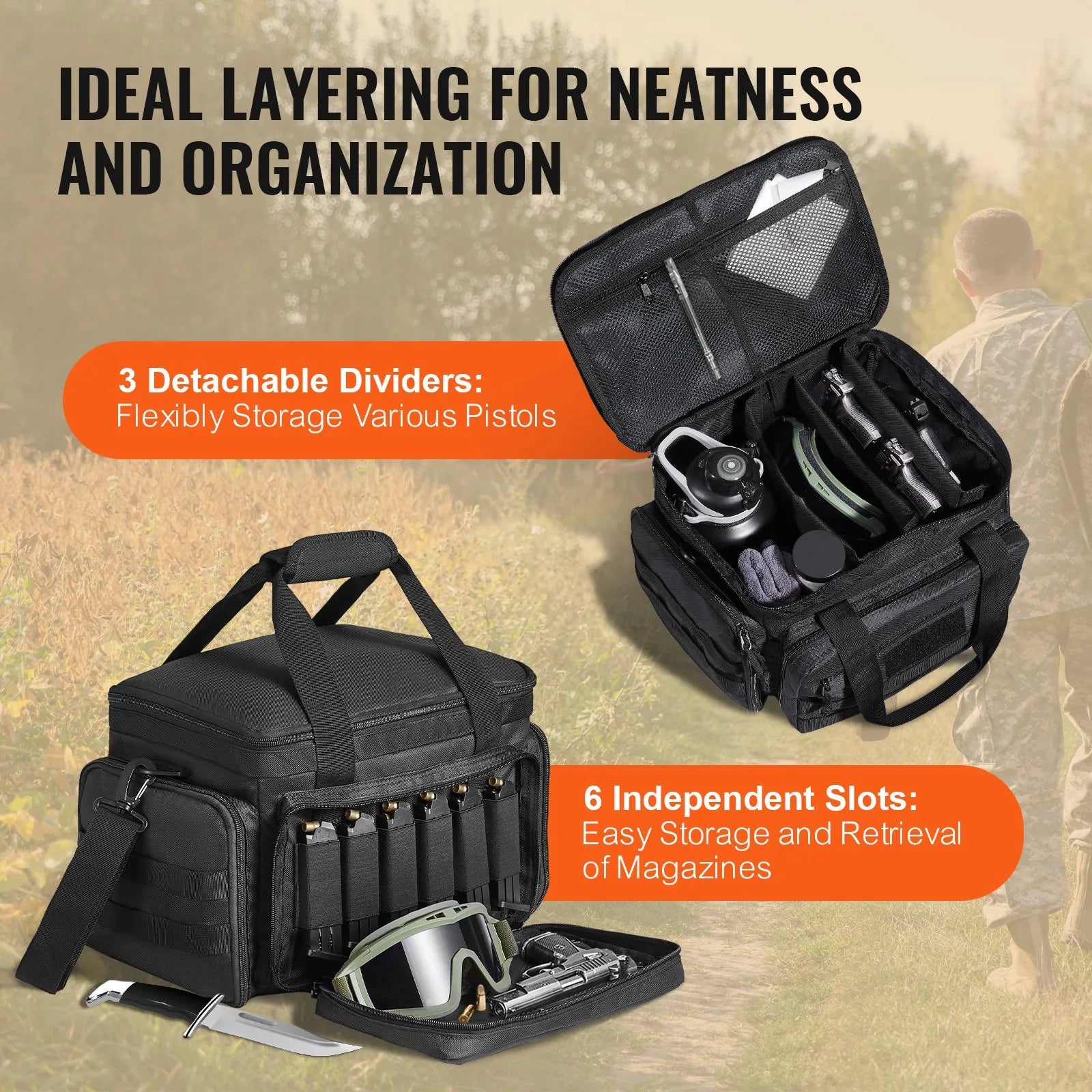 Range Bag for 4 Pistols, Tactical Gun Range Bag with 3 Detachable Baffles & 6 Magazines, Firearm Shooting Handgun Bag for Outdoor Hunting Shooting Pistol Bag with Single Shoulder Strip
