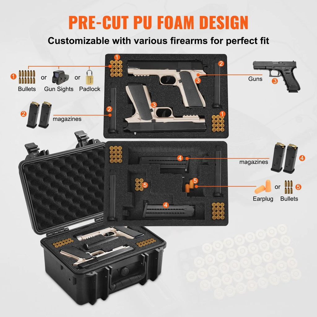 Hard Pistol Cases with Pre-cut PU Foam, Waterproof & Dustproof Hard Gun Case for 2 Pistol, 14.1×11.5×7.6 in Lockable Pistol Case, Black