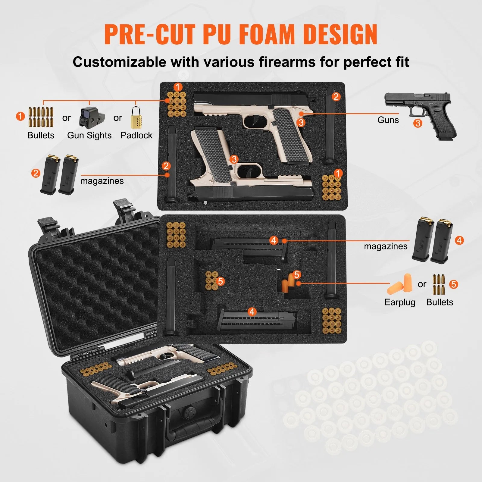 Hard Pistol Cases with Pre-cut PU Foam, Waterproof & Dustproof Hard Gun Case for 2 Pistol, 14.1×11.5×7.6 in Lockable Pistol Case, Black